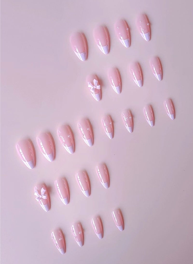 Layali 24-Piece Full Cover False French Tip Press on Nails,Medium Fake Nails Almond Glue on Nails Bow Charm Pearl Design Acrylic Nails(Pink) - Image 4